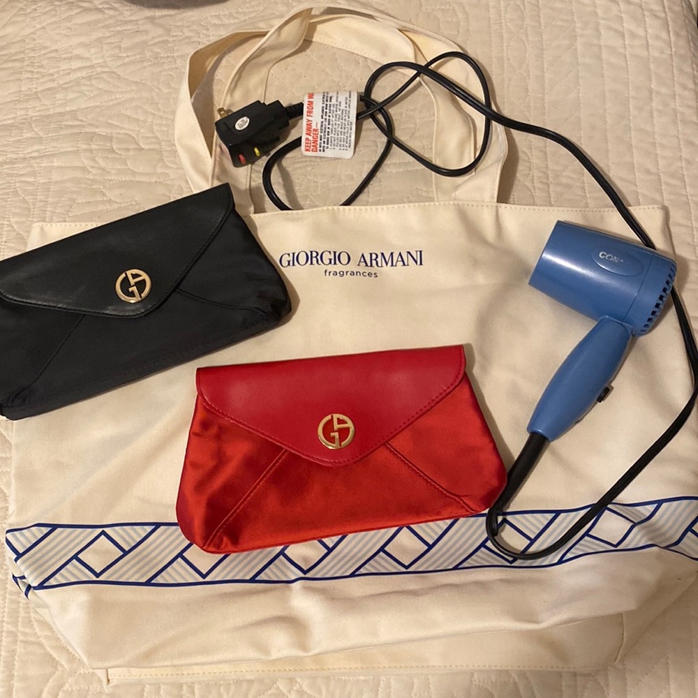 Women’s Giorgio Armani beach bag, make up bags and travel blow dryer